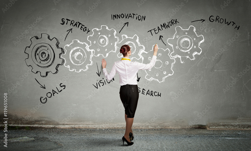 Woman presenting teamwork concept . Mixed media Woman presenting teamwork concept . Mixed media
