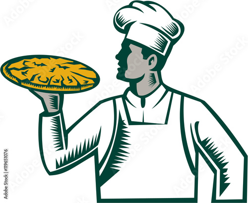 Pizza Chef Holding Pizza Woodcut