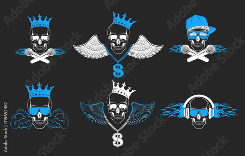 Set of vector skulls for music logos. Logo for t-shirts, music p