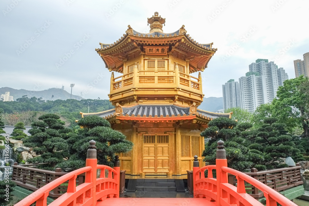 The Pavilion of Absolute Perfection or Golden pavilion is the famous tourist attraction at public park of Nan Lian garden in Hong Kong. The Pavilion of Absolute Perfection or Golden pavilion is the famous tourist attraction at public park of Nan Lian garden in Hong Kong.