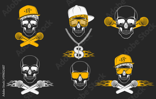 Set of vector skulls for music logos. Logo for t-shirts, music p