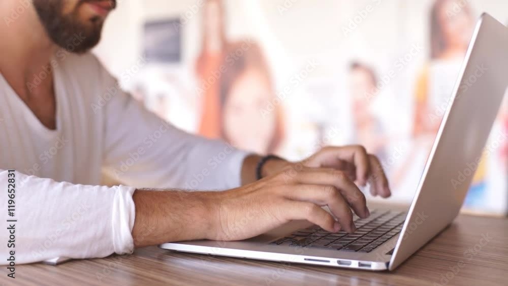 close up hands multitasking man using laptop connecting wifi close up hands multitasking man using laptop connecting wifi