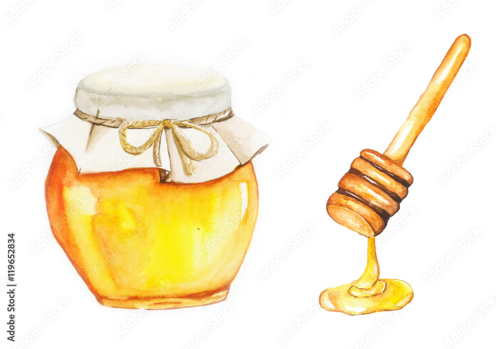 Honey, Watercolor painting isolated on white background Stock Photo