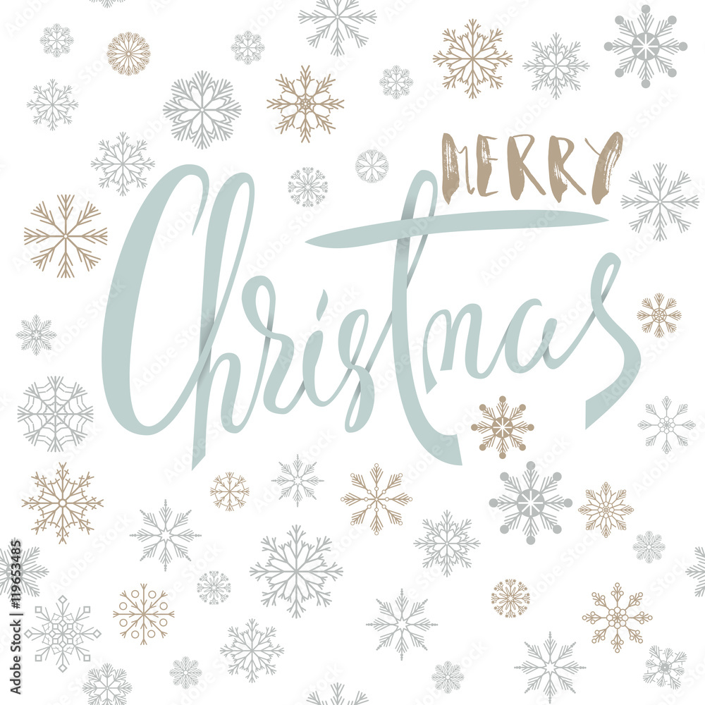 Merry Christmas handwritten lettering design with gold and silver snowflakes on white background. EPS10