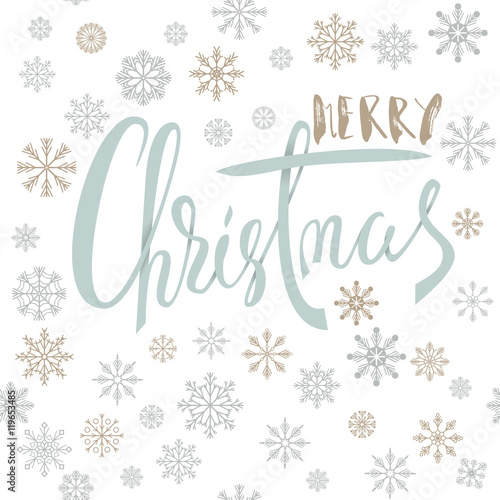 Merry Christmas handwritten lettering design with gold and silver snowflakes on white background. EPS10
