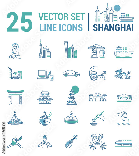 Set vector line icons in flat design with Shanghai