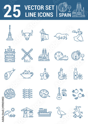 Set vector line icons in flat design with  Spain elements