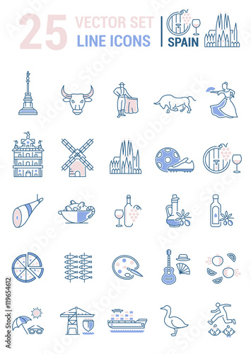 Set vector line icons in flat design with  Spain elements