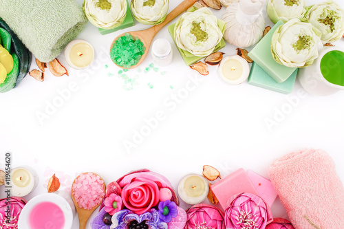 Pink and Green Lotus Spa on White Wooden Background, Flat Lay Style with Free Text Space