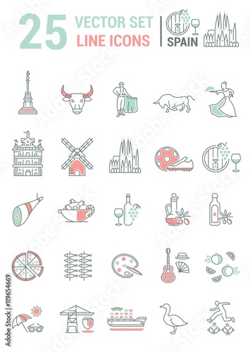 Set vector line icons in flat design with  Spain elements.