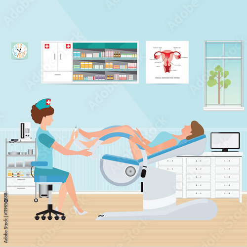 Doctor checking patient on Gynecological chair in gynecological