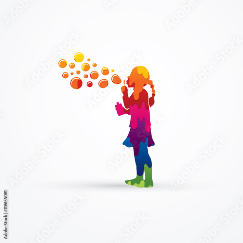 A little girl blowing soap bubbles designed using melt colors graphic vector.