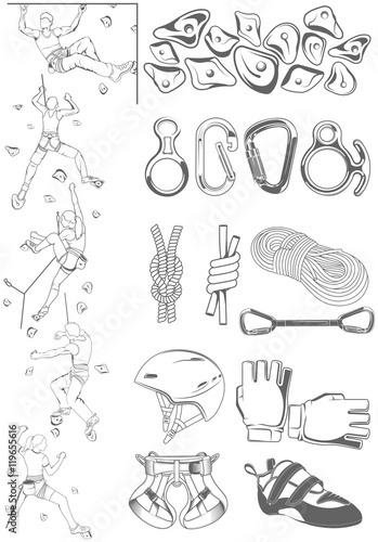 The set of attributes of equipment for climbing, silhouettes the