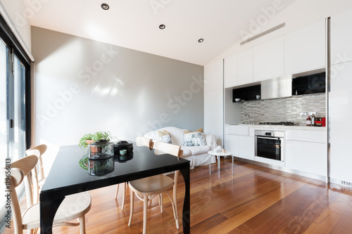 Canvas Print Open plan small apartment with kitchenette dining table and sofa