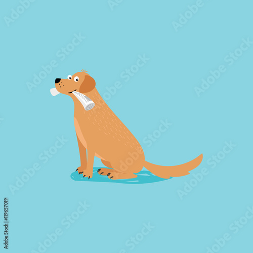 Vector cartoon happy dog with newspaper, card template