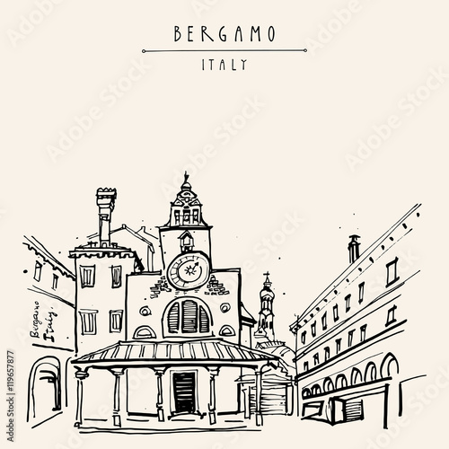 Bergamo, Italy, Europe. Historic old town. Italian Renaissance architecture. Travel sketchy artwork. Vintage hand-drawn postcard, touristic poster, calendar page or book illustration
