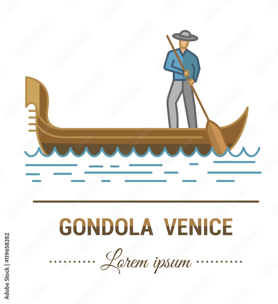 Color illustrations and flat linear design. Templates, logo and mark of gondola and gondolier in Venice with vintage elements. Easy to use business. Vector abstract logo or emblem.