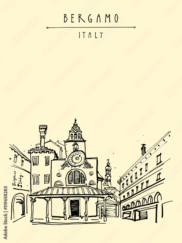Bergamo, Italy, Europe. Historic old town. Italian Renaissance architecture. Travel sketchy artwork. Vintage hand-drawn postcard, touristic poster, calendar page or book illustration