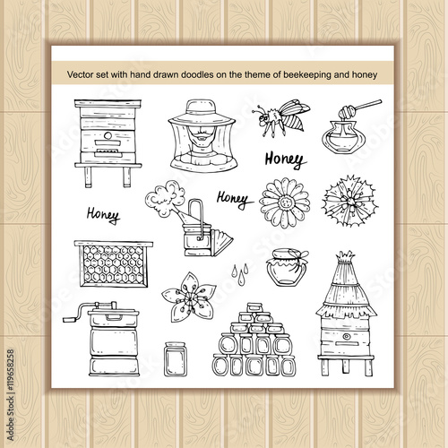 Vector set with hand drawn isolated doodles on the theme of beekeeping and honey