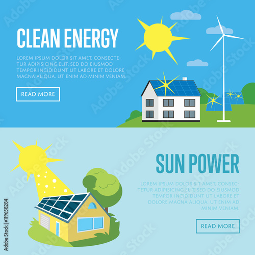 Clean energy and sun power horizontal banners, vector illustration. Eco house in green field with blue solar panels on the roof under bright sun. Wind turbine near house. Eco generation.