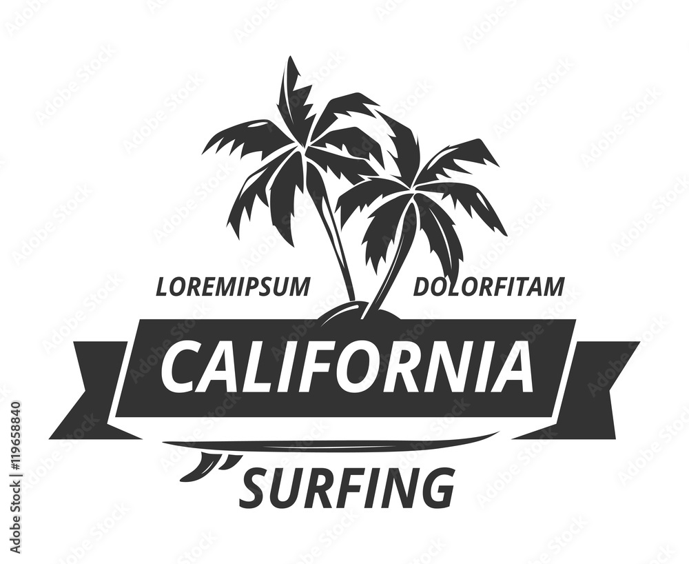 Surfing logo with palm tree