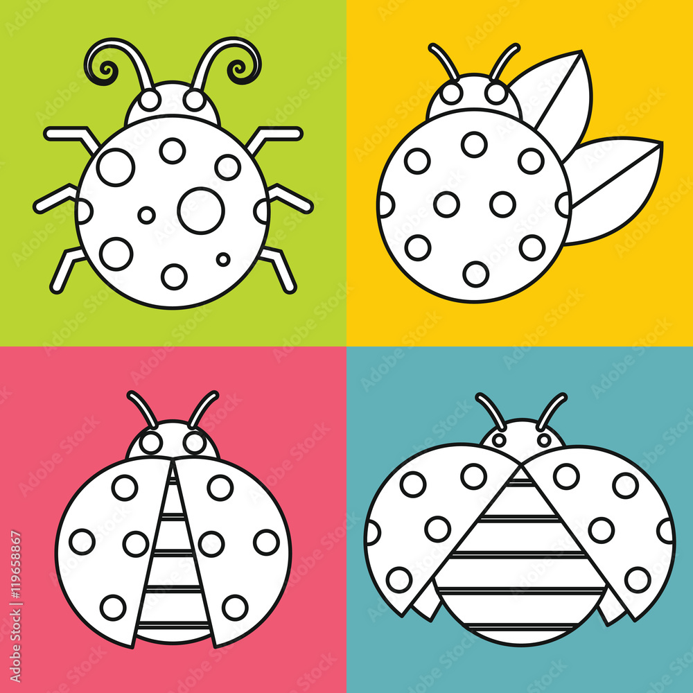 White ladybugs with stroke on color background White ladybugs with stroke on color background