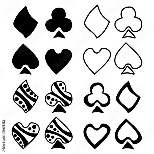 Vector set of playing card symbols. Hand drawn decorative black and white icons isolated on the backgrounds. Graphic vector illustration.