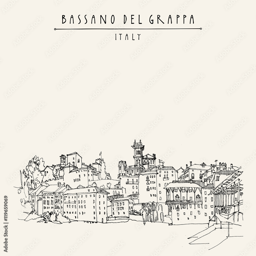 Bassano del Grappa, Italy. Panoramic view, waterfront. Italian historic buildings in old town. Retro style touristic postcard, poster template or book illustration