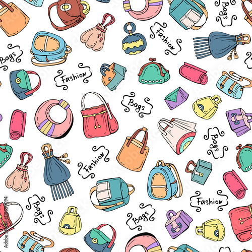 Vector seamless pattern with hand drawn colored handbags for women