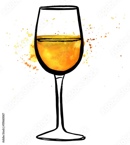 Vector and watercolor freehand drawing of glass of white wine