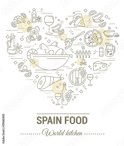 Set vector line icons in flat design with Spanish food elements for mobile concepts and web apps. Collection modern infographic logo and pictogram.