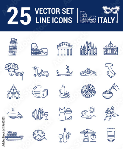 A set of graphical linear and flat icons with symbols of Italy.