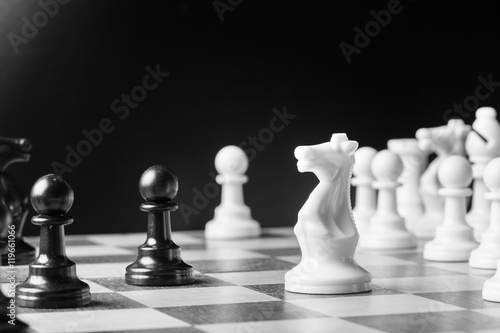 Chess pieces set on a chessboard Fototapet