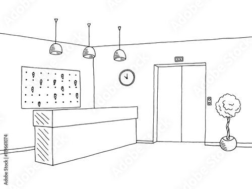 Hotel lobby reception black white graphic art interior sketch illustration vector