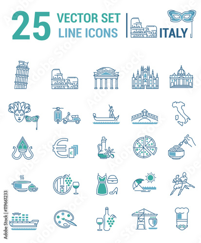 Photography A set of graphical linear and flat icons with symbols of Italy.