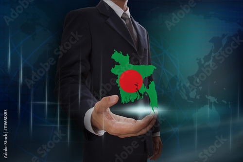Businessman showing map of Bangladesh on globe background
