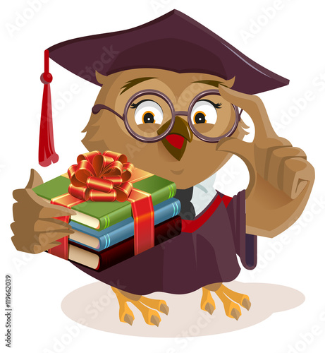 Owl professor holding books