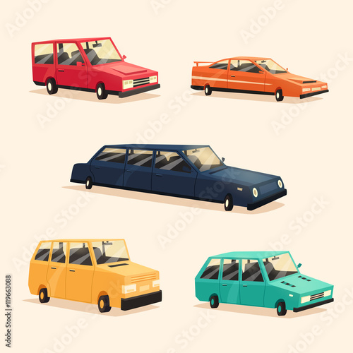 Set of vintage american automobile. Cartoon vector illustration. Car isolated.