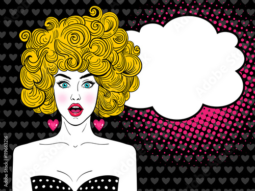 Wow pop art female face. Sexy surprised woman with open mouth, blonde curly hair and speech bubble. Vectorl background in pop art retro comic style.