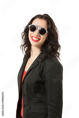 Wallpaper Mural Portrait young woman in studio, big smile and sunglasses. White background. Torontodigital.ca