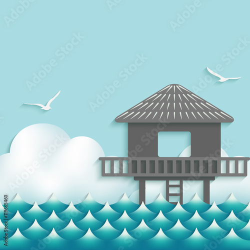 bungalow over waves on sky background with seagulls