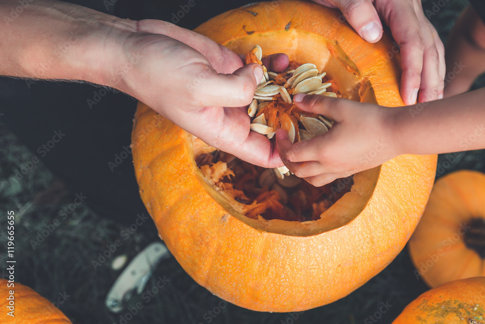 Fototapeta premium close up of daughter and father hand who pulls seeds fibrous material from pumpkin before carving for Halloween. Prepares jack-o-lantern. Decoration party. Happy family. Little helper. Top view.