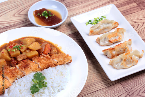 Rice with deep fried dolly fish in japanese yellow curry and side dish of gyoza.