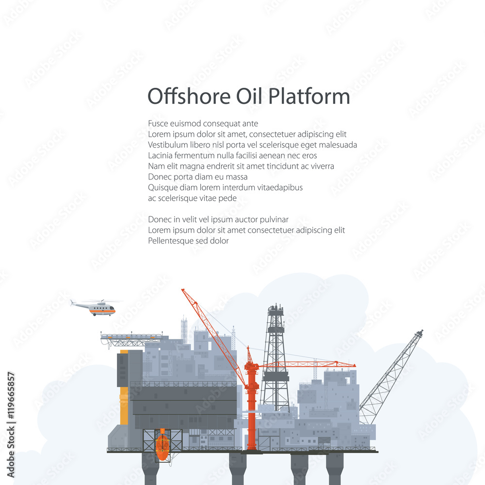 Offshore Sea Oil Platform on White Background, Oil Industry , Poster Brochure Flyer Design, Vector Illustration