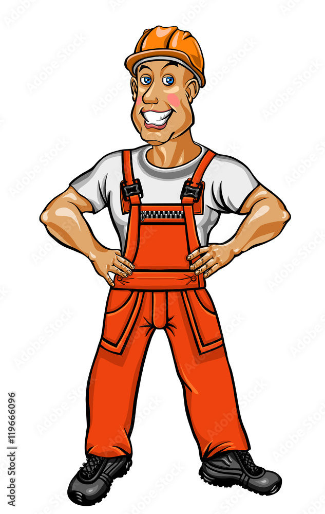Smiling worker in an orange jumpsuit and helmet Smiling worker in an orange jumpsuit and helmet