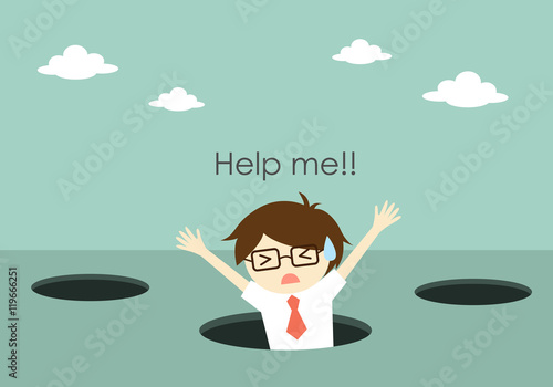Business concept, Businessman fall into the hole and need help. Vector illustration.