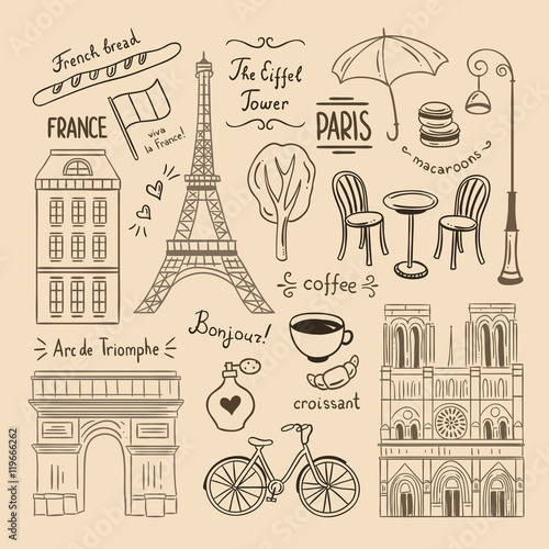Paris hand drawn illustration. France icons and objects. Travel doodles for Paris