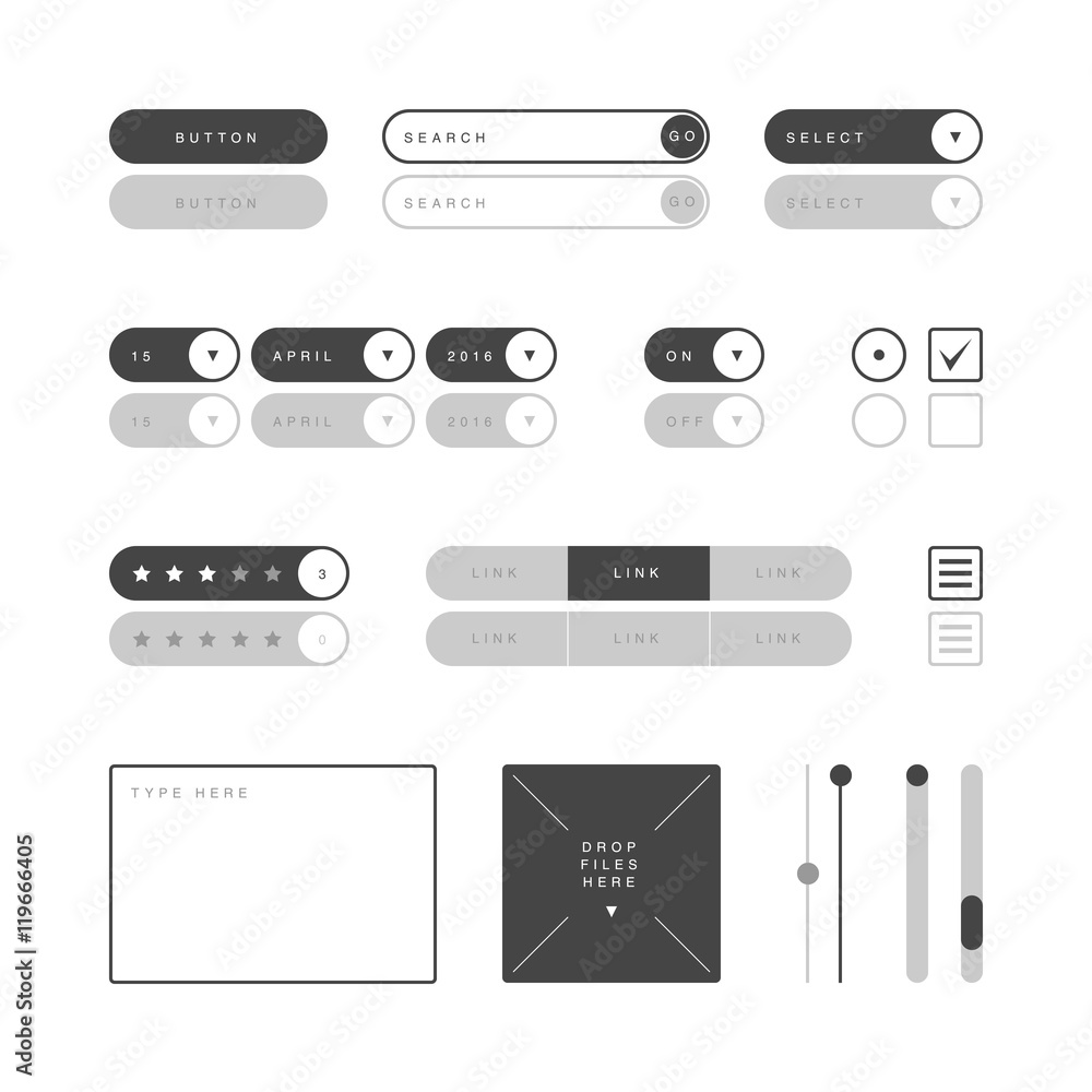 UI design elements vector. Button, search field, selector, checkbox, toggle, radio button, menu links, rating stars, text type field, drop files field, scroller etc.