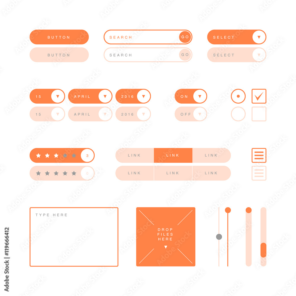 UI design elements vector. Button, search field, selector, checkbox, toggle, radio button, menu links, rating stars, text type field, drop files field, scroller etc. UI design elements vector. Button, search field, selector, checkbox, toggle, radio button, menu links, rating stars, text type field, drop files field, scroller etc.