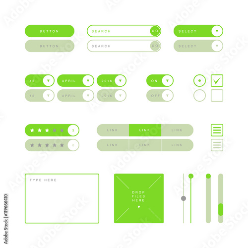 UI design elements vector. Button, search field, selector, checkbox, toggle, radio button, menu links, rating stars, text type field, drop files field, scroller etc.